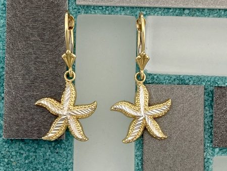 14k 2-Tone Gold Diamond Cut Starfish Leverback Earrings For Discount