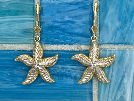 14k 2-Tone Large Diamond Cut Starfish Leverback Earrings Discount