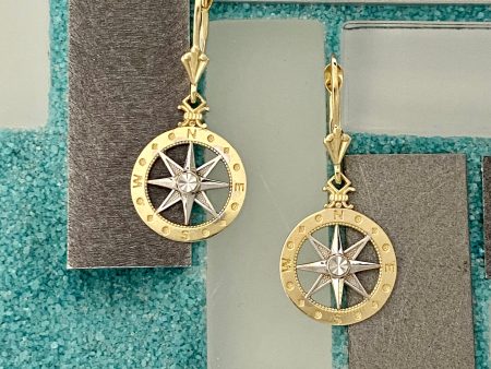 14k 2-Tone Gold Compass Rose Lever Back Earrings Online now