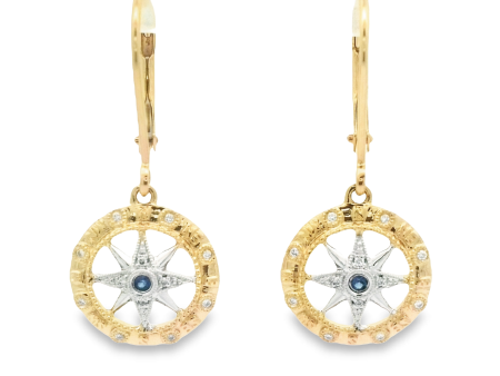 14k 2-Tone .05cttw Diamonds With .03cttw Sapphire Compass Rose Lever Back Earrings For Cheap