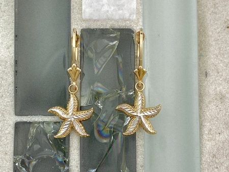 14k 2-Tone Gold Small Diamond Cut Starfish Leverback Earrings Fashion